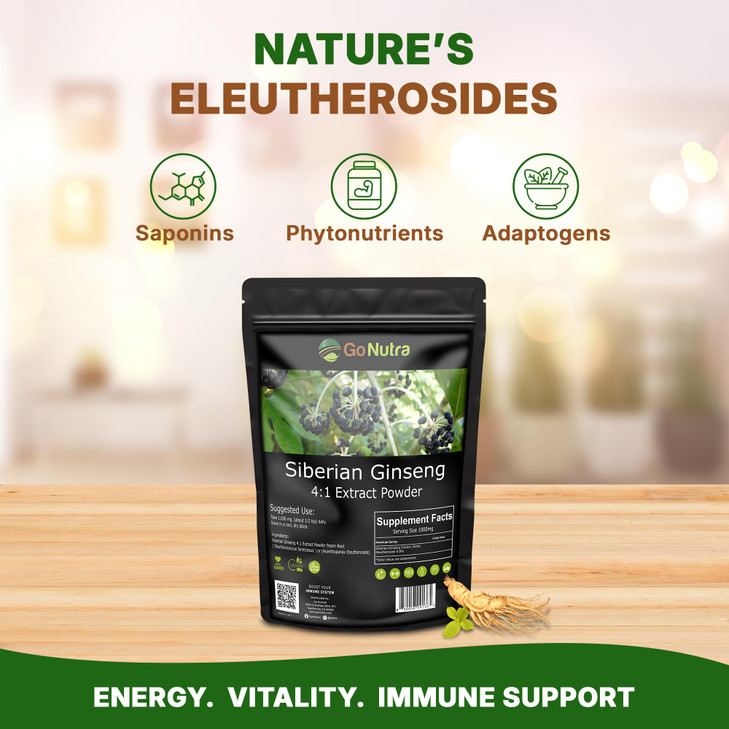 Go Nutra Siberian Ginseng - Eleuthero Root Powder | 4:1 Extract 4X Times Stronger | Supports Energy & Stamina | Natural & Adaptogenic | Eleutherococc