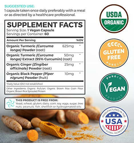 Organic Turmeric Ginger Black Pepper Supplement - High Potency Organic Turmeric Curcumin Capsules with Ginger & Black Pepper for Enhanced Benefits an