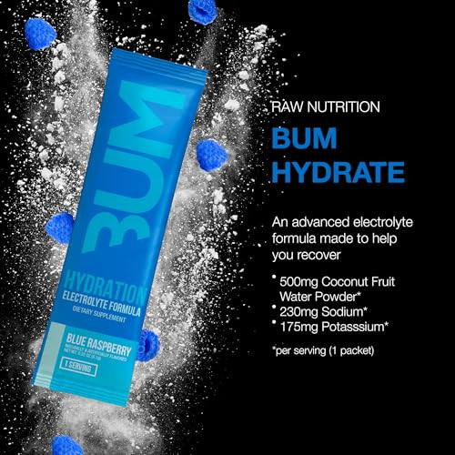 RAW Electrolytes Powder Hydration Drink Mix Packets, BUM Hydrate (Blue Raspberry, 20 Servings), Electrolyte Hydration Packets Support Muscle Function