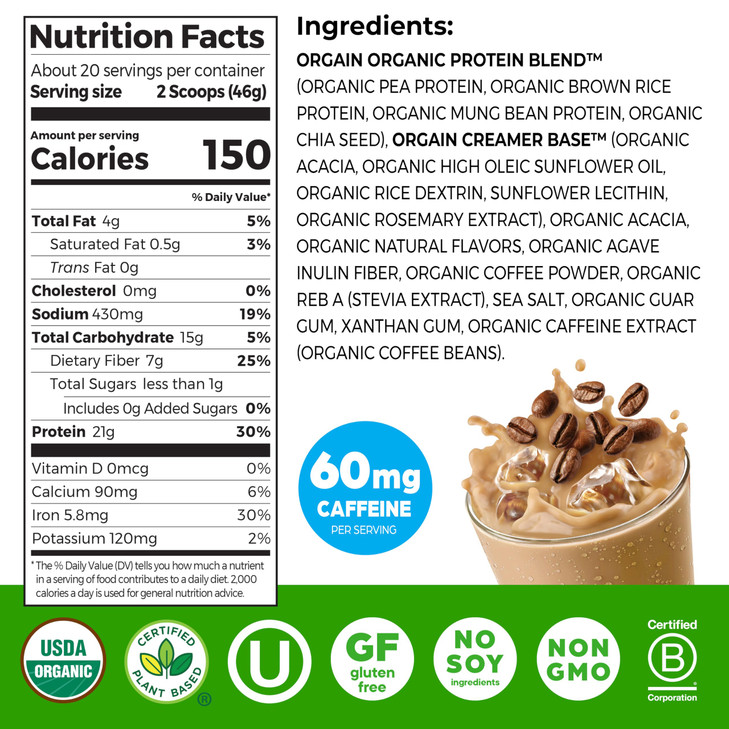 Orgain Organic Vegan Protein Powder, Iced Coffee - 21g Plant Protein, 60mg of Caffeine, Low Net Carb, No Lactose Ingredients, No Added Sugar, Non-GMO