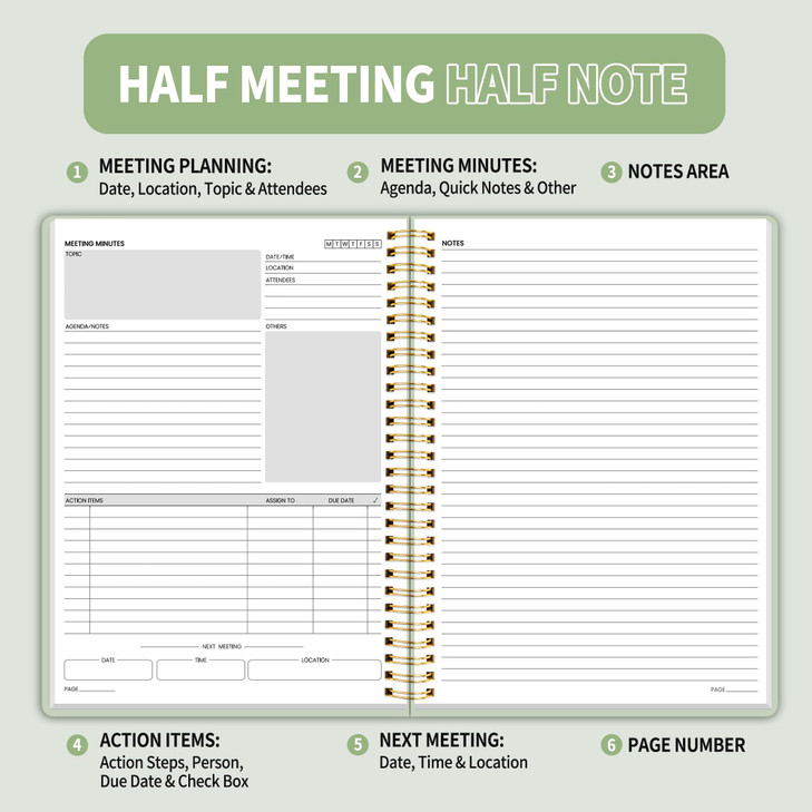 SUNEE Half Meeting Half Note - 7.5"x10" Professional Notebooks for Work - 160 Pages, B5 Size Project Planner, Spiral Meeting Agenda/Minutes Organizer