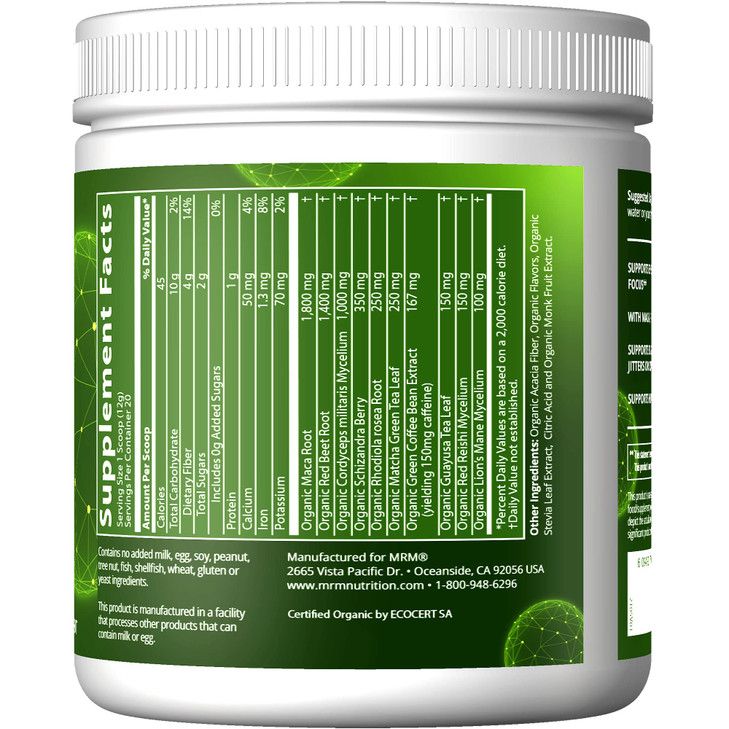 MRM Nutrition Organic Pre-Workout Powder | Black Cherry Flavored | Superfoods + 150mg Natural Caffeine + adaptogens | Clean Energy + Focus| Healthy B