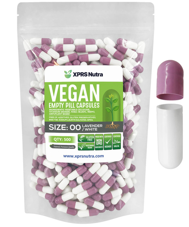 XPRS Nutra Size 00 Empty Capsules - 500 Count Empty Vegan Capsules - Vegetarian Empty Pills - DIY Vegetable Capsule Filling- Veggie Pill Caps (Lavend