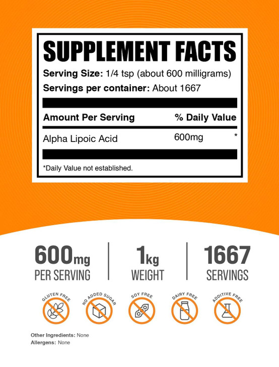 BulkSupplements.com Alpha Lipoic Acid Powder - ALA Supplement, Antioxidant Supplement - Gluten Free, 600mg per Serving, 1kg (2.2 lbs) (Pack of 1)