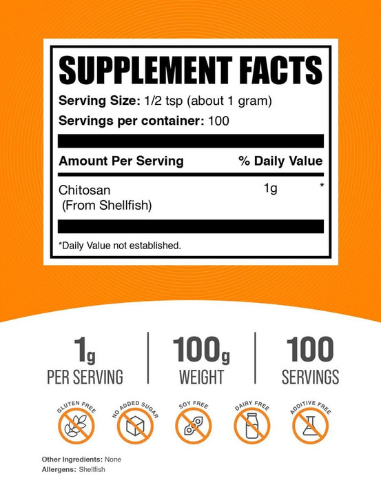 BulkSupplements.com Chitosan Powder - Chitosan 1000mg Supplements - Food Grade & Gluten Free, 1g per Serving, 100g (3.5 oz) (Pack of 1)