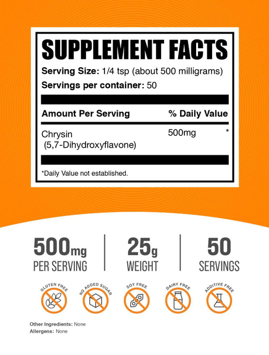 BulkSupplements.com Chrysin Powder - 5,7-Dihydroxyflavone, Chrysin Supplement, Antioxidants Supplement - Gluten Free, 500mg per Serving, 25g (0.88 oz