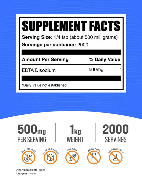 BulkSupplements.com Disodium EDTA Powder - EDTA Disodium Salt, Food Additive - Food Grade, Pure, & Gluten Free, 500mg per Serving, 1kg (2.2 lbs) (Pac