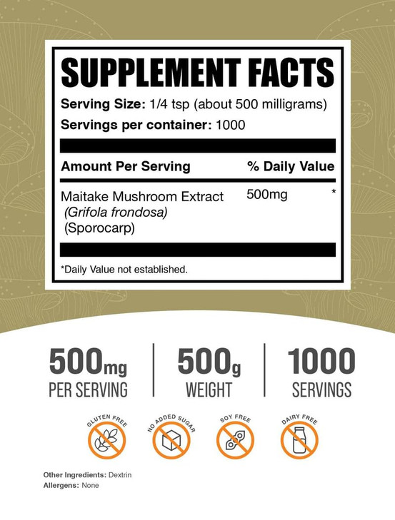 BulkSupplements.com Maitake Mushroom Extract Powder - Maitake Mushroom Supplement Superfood Supplement - Gluten Free, 500mg per Serving, 500g (1.1 lb