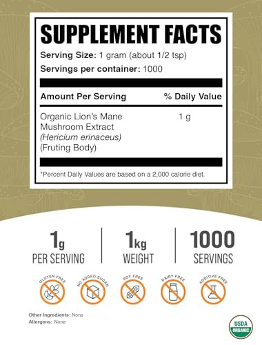 BulkSupplements.com Organic Lion's Mane Mushroom Extract Powder - Lions Mane Supplement Powder, Superfood for Well-Being - Vegan, 1g per Serving, 1kg