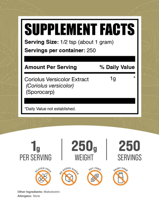 BulkSupplements.com Turkey Tail Mushroom Extract Powder - Coriolus Versicolor Extract, Mushroom Supplement - Vegan & Gluten Free, 1g per Serving, 250
