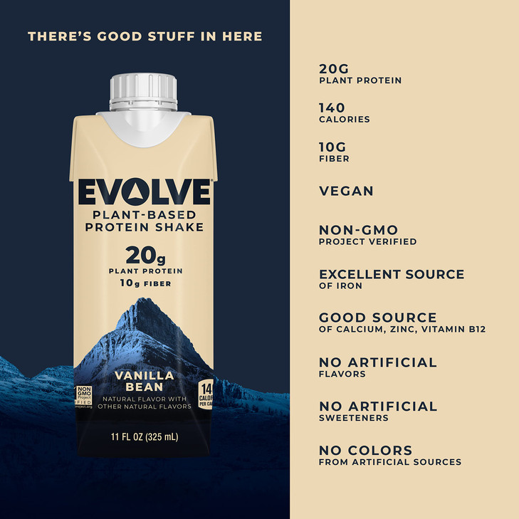 Evolve Plant Based Protein Shake, Vanilla Bean, 20g Vegan Protein, Dairy Free, No Artificial Sweeteners, Non-GMO, 10g Fiber, 11 Fl Oz (Pack of 12) (F