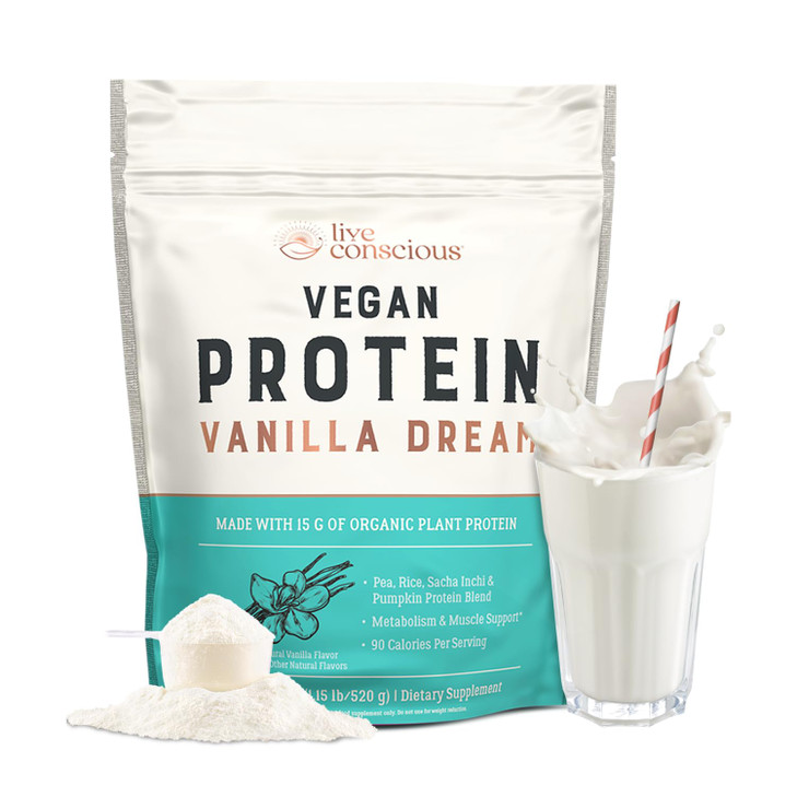 Live Conscious Vegan Pea Protein Powder - Vanilla Dream Flavor | Plant-Based Vegan Protein Blend - Pea, Brown Rice, Pumpkin, Sacha Inchi | 20 Serving
