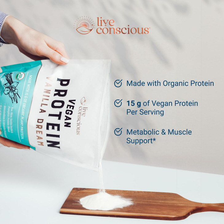 Live Conscious Vegan Pea Protein Powder - Vanilla Dream Flavor | Plant-Based Vegan Protein Blend - Pea, Brown Rice, Pumpkin, Sacha Inchi | 20 Serving