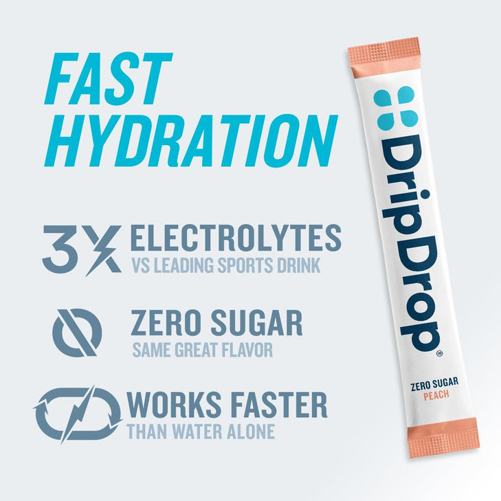 DripDrop Sugar Free Hydration Packets - Zero Peach - Single Serve Electrolytes Powder Drink Mix - Non-GMO, Gluten Free, Vegan - 32 Sticks