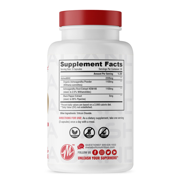 Metabolic Nutrition Ashwagandha 2200mg Made with Organic Ashwagandha Powder and Black Pepper Extract, 90 Vegan Capusles