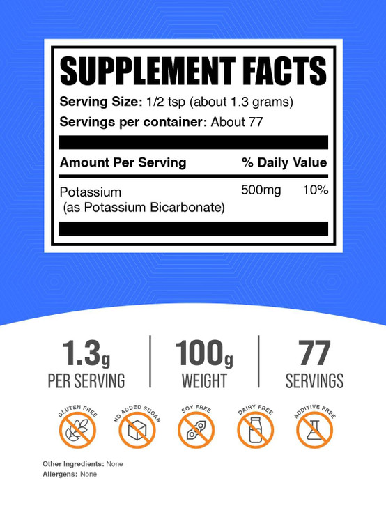 BulkSupplements.com Potassium Bicarbonate Powder - Potassium Bicarbonate Food Grade, Mineral Supplement - 1.3g per Serving, 100g (3.5 oz) (Pack of 1)