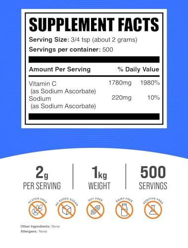 BulkSupplements.com Sodium Ascorbate Powder - for Immune Support, Sodium Ascorbate Vitamin C - Buffered Vitamin C, Gluten Free, 2g per Serving, 1kg (