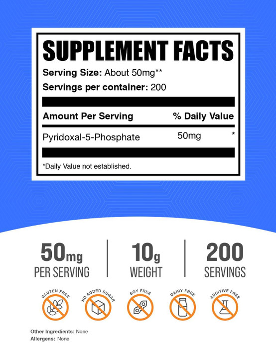 BulkSupplements.com Pyridoxal 5 Phosphate Powder - P-5-P Vitamin B6 Supplement, P-5-P 50mg - P5P Supplement, Gluten Free, 50mg of per Serving, 10g (0
