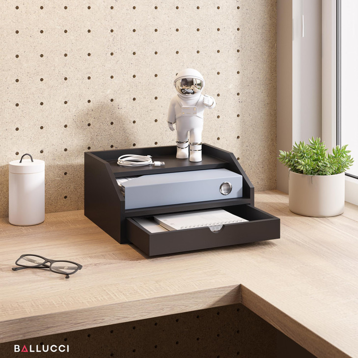 Ballucci Desk Organizer with Drawer, 2 Tier Paper Office Supplies Desk Organizer, 13 2/5" x 9 3/5" x 6", Black