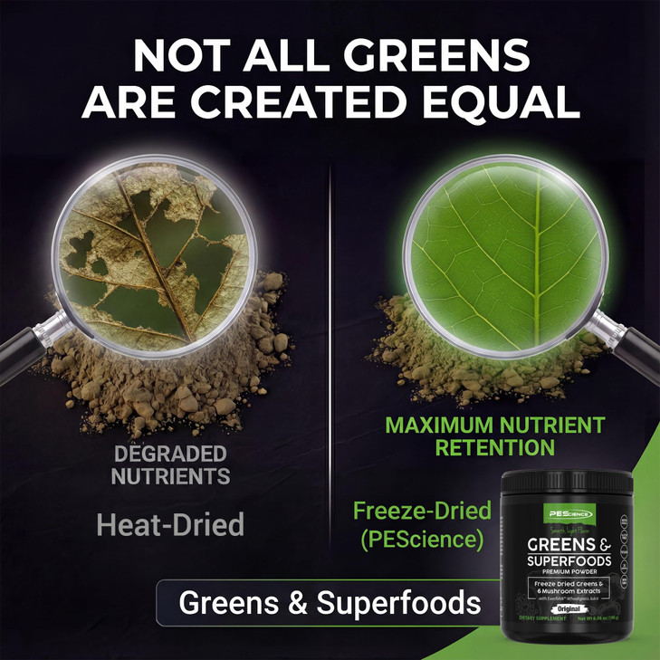 PEScience Greens Powder Superfood with Natural Chlorophyll, Reishi & Turkey Tail Mushroom Powders, Freeze-Dried Kale, Spinach, Broccoli Sprouts, Orig