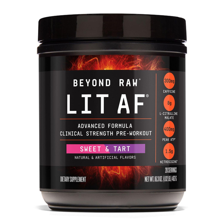 BEYOND RAW LIT Advanced Pre Workout Formula, Sweet and Tart, for Energy, Focus, Endurance, Pumps, with 300mg Rapid and Targeted Release Caffeine, Cre