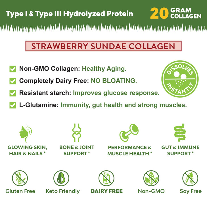 MariGold Grass-fed Collagen Peptides Powder Strawberry Sundae 1LB - 100% Pure, Type I & III Bovine Hydrolyzed Collagen, Non-GMO, Hormone Free, Soy Fr