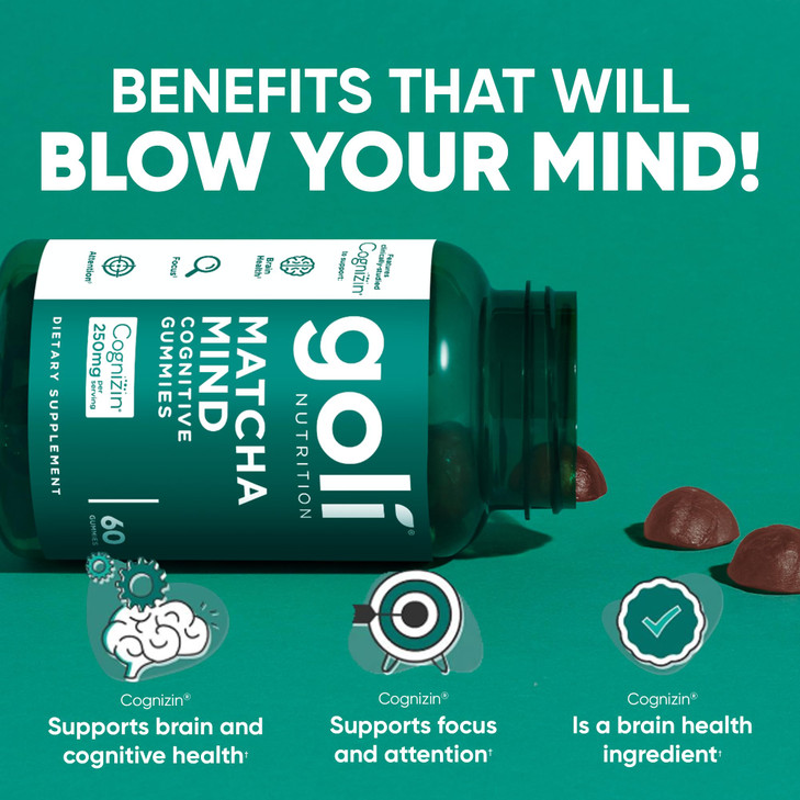 Goli Matcha Mind Gummies - 60 Count - Green Tea Leaves Powder with Cognizin for Focus, Attention and Brain Health, Vegan, Non-GMO, Gluten-Free & Gela