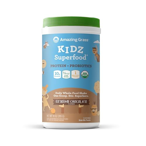 Amazing Grass Kidz Superfood: Vegan Protein & Probiotics for Kids with Beet Root Powder & 1/2 Cup of Leafy Greens, Extreme Chocolate, 15 Servings