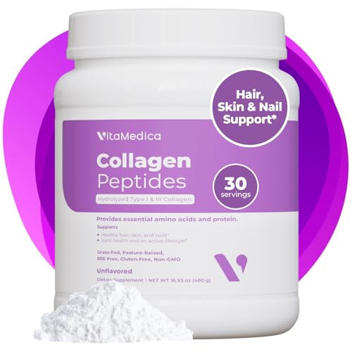 VitaMedica Collagen Peptides Powder for Women & Men - Healthy Hair, Skin, Nails, Bones and Joints - Hydrolyzed Types I & III, Grass-Fed, Pasture-Rais