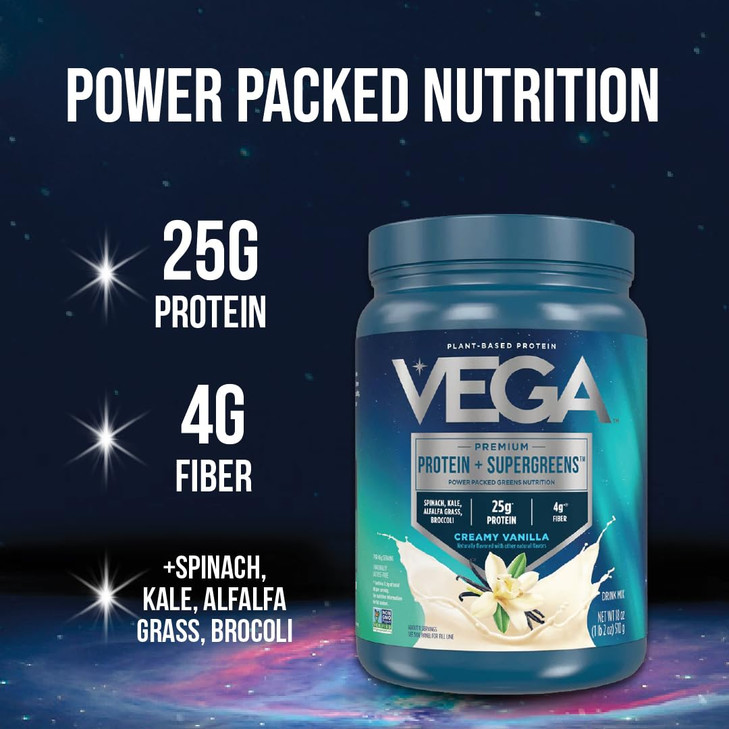 Vega Protein and Greens Protein Powder Creamy Vanilla (11 Servings) 25g Plant Based Protein Plus Veggies, Vegan, Non-GMO, Pea Protein for Women and M