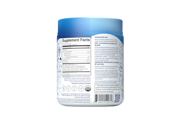 KOS Calming Blue Spirulina Blend- USDA Certified Organic - Algae Superfood Powder with Ashwagandha Root, Lemon Balm, Reishi Mushroom, B Vitamins - Be