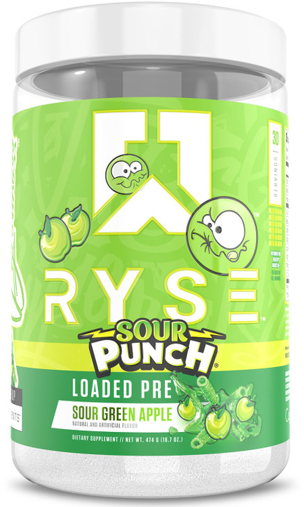 RYSE Loaded Pre Workout Powder - Sour Punch Green Apple - Daily Pre-Workout for Men & Women with 390mg Caffeine, Beta Alanine, and Citrulline for Pum