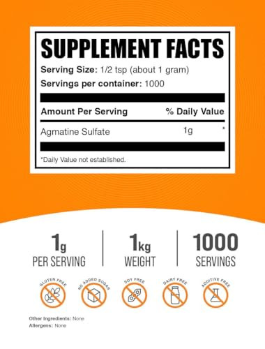 BulkSupplements.com Agmatine Sulfate Powder - Nitric Oxide Supplement, Pre Workout Powder - Unflavored & Gluten Free, 1g per Serving, 1kg (2.2 lbs) (