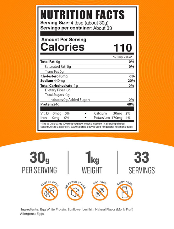 BulkSupplements.com Egg White Protein Powder - Egg White Powder, Lactose Free Protein - Unflavored & Dairy Free, 30g per Serving, 1kg (2.2 lbs) (Pack