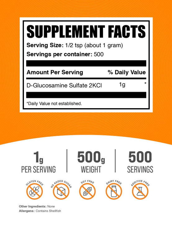 BulkSupplements.com Glucosamine Sulfate Powder - Glucosamine Supplement, Joint Support Supplement - Gluten Free, 1g per Serving, 500g (1.1 lbs) (Pack
