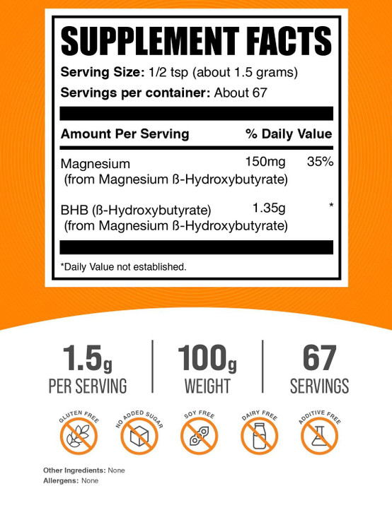 BulkSupplements.com Magnesium BHB Powder - BHB Salts, Beta-HydroxyButyrate Powder - Unflavored & Gluten Free, 1.5g per Serving, 100g (3.5 oz) (Pack o