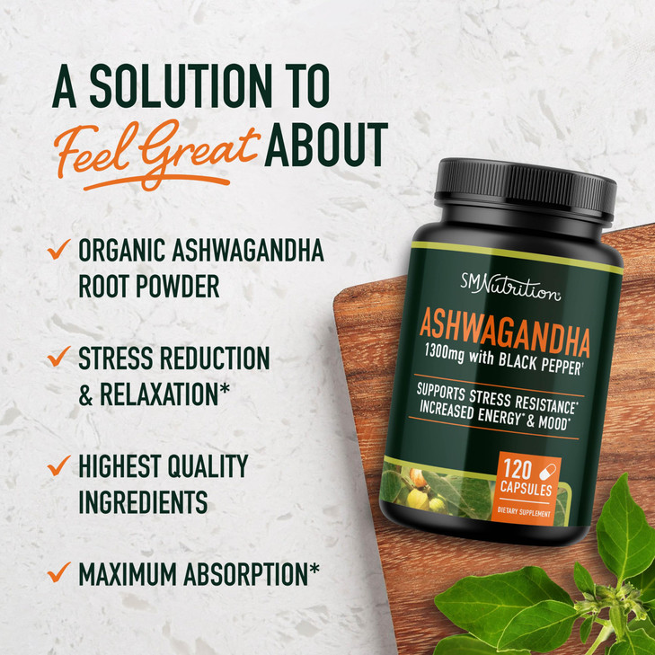 Ashwagandha Supplement 1300mg for Stress Resistance & Energy Boost | High Absorption Adaptogen from Root Powder with Black Pepper | Stress-Related Fa