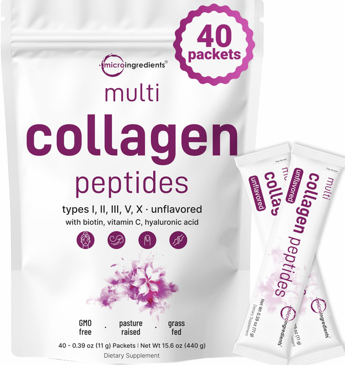 Micro Ingredients Multi Collagen Peptides Powder, 40 Stick Packs | Type I, II, III, V, X + Biotin, Vitamin C & Hyaluronic Acid | Unflavored | Support