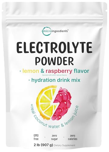 Micro Ingredients Electrolyte Powder, 2 lbs (139 Servings) | Lemon Raspberry Flavor | High Potassium (1,000mg) + Coconut Water & Real Lemon Juice | N
