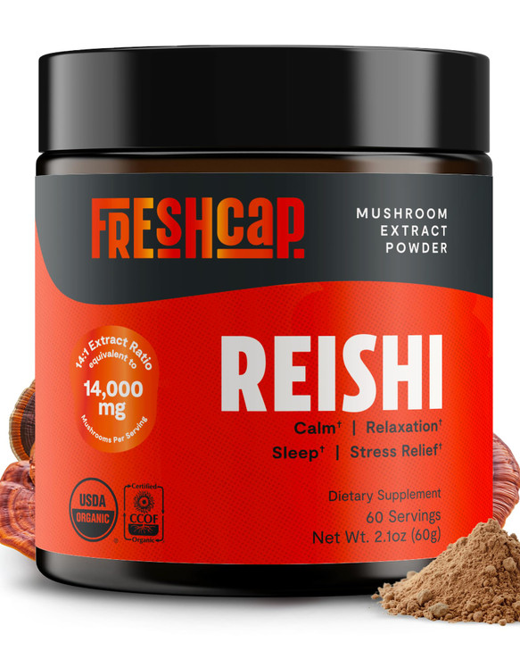 FreshCap Mushrooms Reishi Mushroom Powder 14,000mg - Organic Mushroom Extract Supplement Powder, Ayurveda Nootropic Red Reishi Supplement Blend (60 S