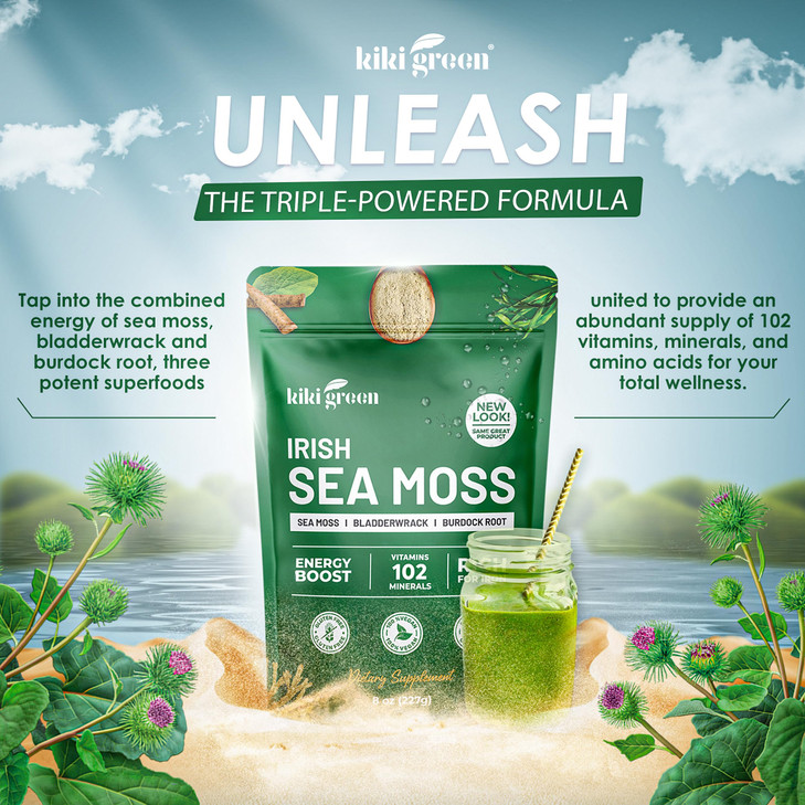 KIKI Green Irish Sea Moss Powder 8 Oz - with Bladderwrack Burdock Root Extract for Immune Support - Keto, Vegan Supplement