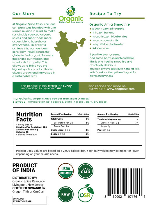 Organic Amla Powder - 1.1 lbs or 17.54oz | Amalaki, USDA Organics, Non-GMO, Kosher, Halal - 100% Raw and Natural, by SHOPOSR