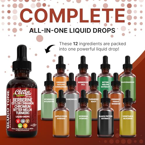 Clean Nutra Berberine with Ceylon Cinnamon Supplement Liquid Drops + Bitter Melon Extract, Glucomannan, Gymnema, Chromium, Turmeric, Organic Panax Gi