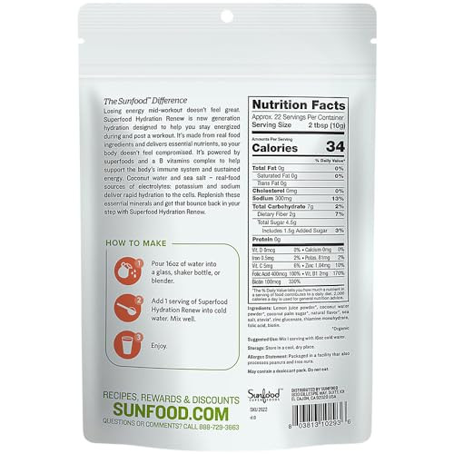 Sunfood Superfood Hydration Renew- Coconut Water Powder, Electrolytes Powder with Lemon, Sea Salt & Minerals, Clean Organic Electrolyte Drink Mix - 8