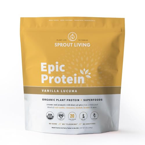 Sprout Living Epic Protein, Plant Based Protein & Superfoods Powder, Vanilla Lucuma Powder | 20 Grams Organic Protein Powder, Vegan, Non Dairy, Non-G