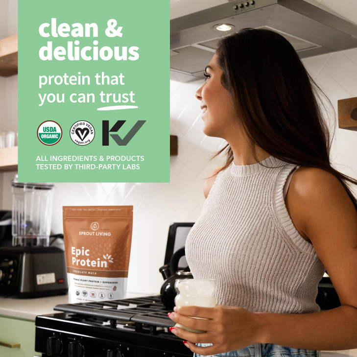 Sprout Living Epic Protein, Plant Based Protein & Superfoods Powder, Chocolate Maca Powder | 20 Grams Organic Protein Powder, Vegan, Non Dairy, Non-G