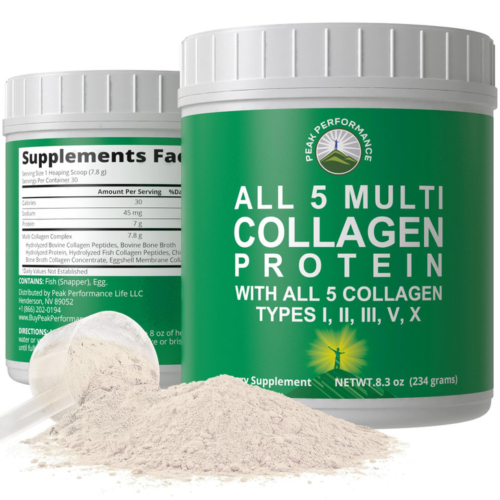 Peak Performance All 5 Multi-Collagen Protein Powder Peptides Multi-Collagen Contains All Types I, II, III,V, X. Keto, Paleo Friendly with Hydrolyzed