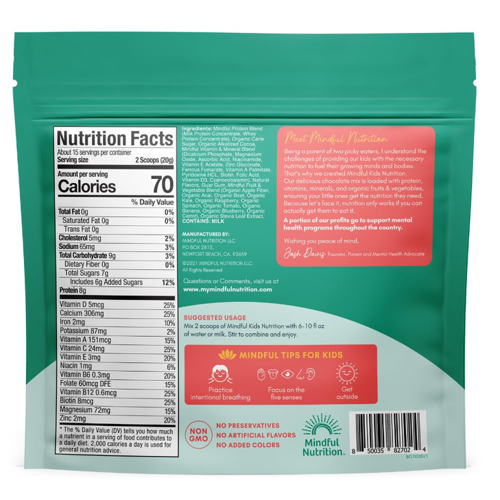 Mindful Nutrition Kids Protein Powder Shake Mix, Organic Fruit and Vegetable Green Superfoods, Vitamins, Minerals, Healthy Chocolate Milk Snack for T