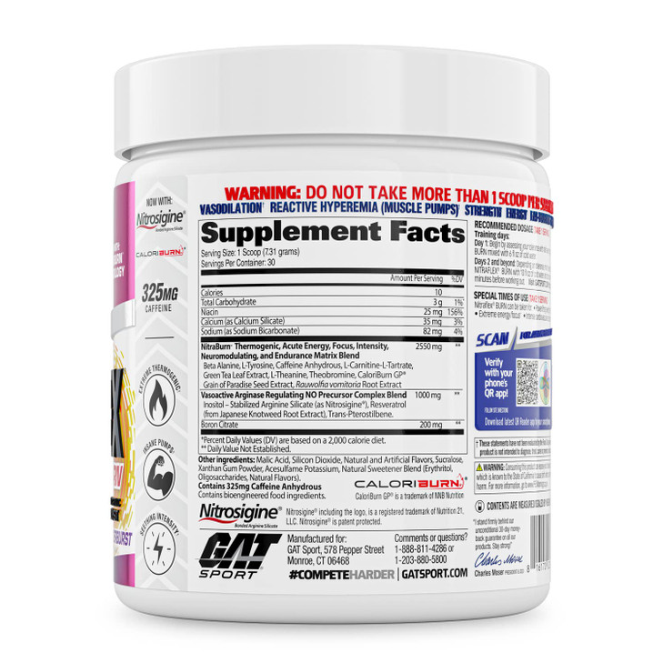 GAT SPORT NITRAFLEX Burn, Pre Workout Thermogenic Powder, Tropic Thunderburst, 30 Servings