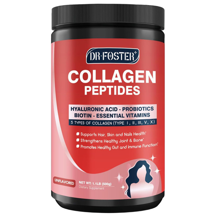 DRFOSTER Multi-Collagen-Peptide-Powder with Probiotics, 50 Servings of Hydrolyzed Collagen Peptides with Hyaluronic Acid, Biotin & Multivitamins - Su